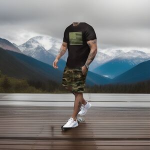 Camouflage Mens Short Set Short Sleeve Shirt & Drawstring Shorts  Size Large US